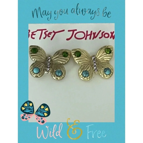 Betsey Johnson Textured Gold Teal & Green Stones Accent Pave Butterfly Earrings - Picture 1 of 2